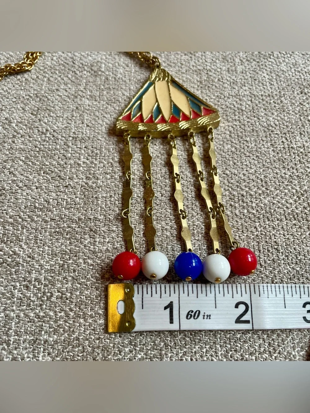 Vintage 1976 Bicentennial Gold Tone Red White Blue Statement Pendant Necklace
